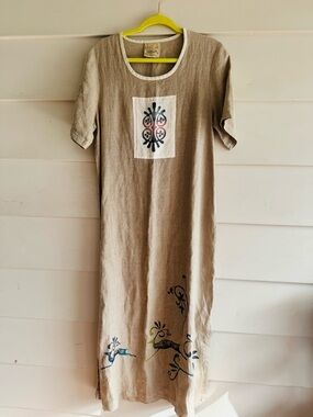 D Blue Vintage 100% Linen Ink Stamped Maxi Dress M